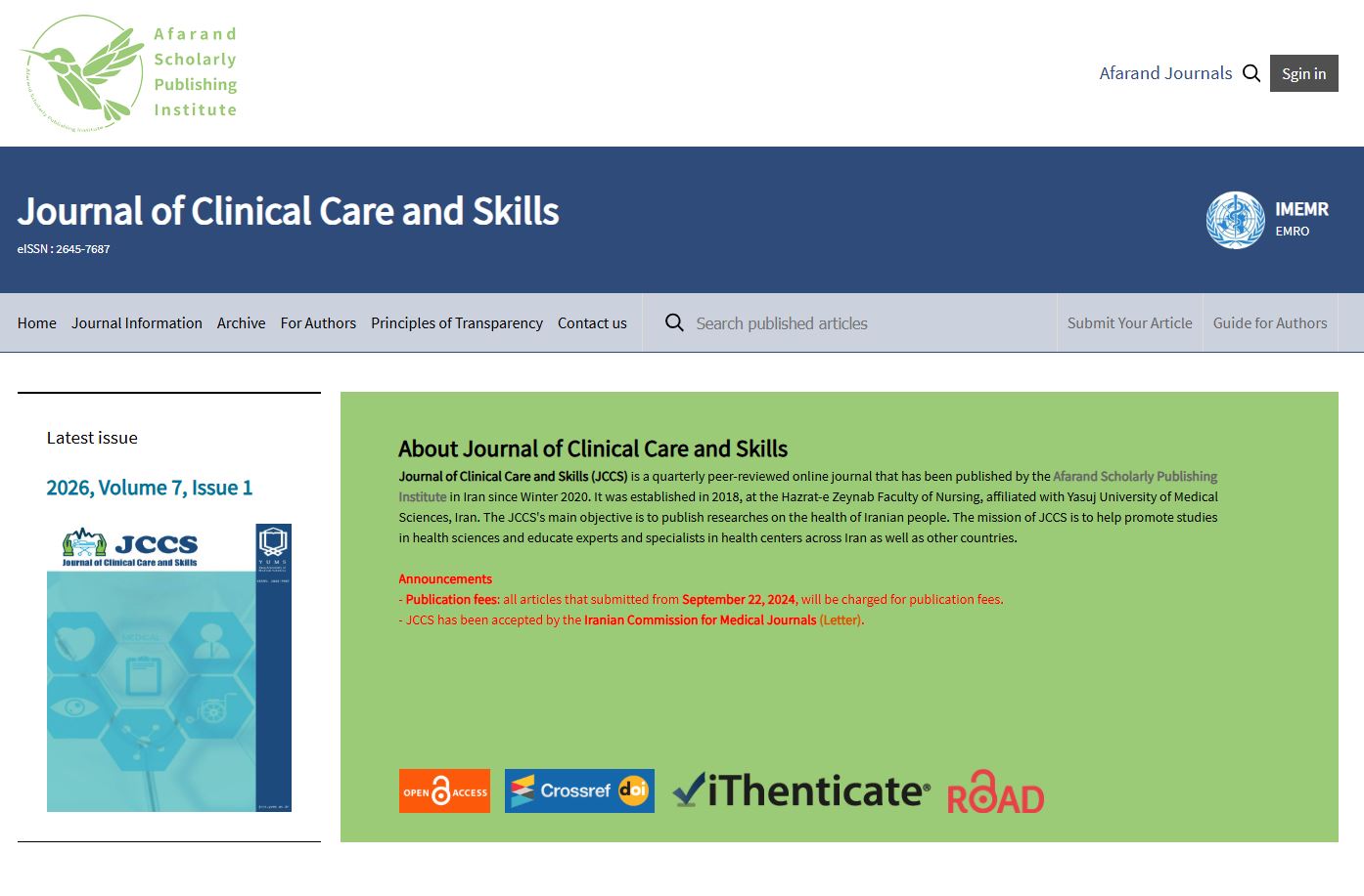 فراخوان فصلنامه انگلیسی زبان علمی پژوهشی (Journal of Clinical Care and Skills (JCCS 